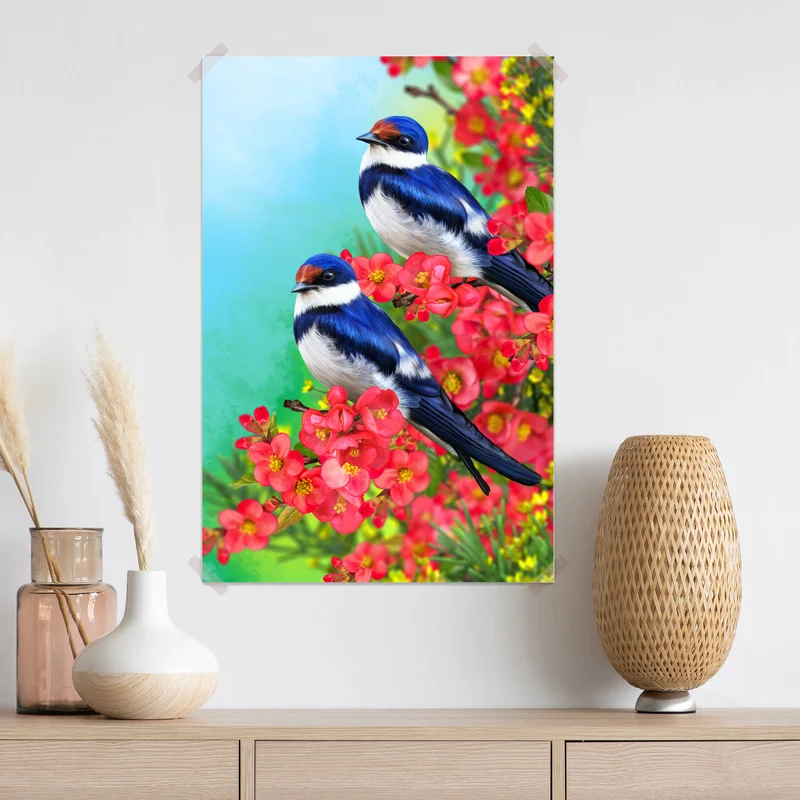 Poster blaue vögel zwischen rosa blüten • Poster bei Wallnifity® Poster blaue vögel zwischen rosa blüten • Poster bei Wallnifity®