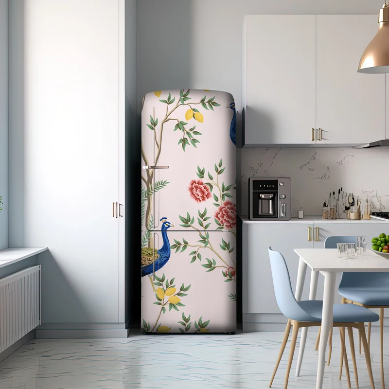 Kühlschrankaufkleber elegantes pfau- und blumenmuster auf rosa hintergrund