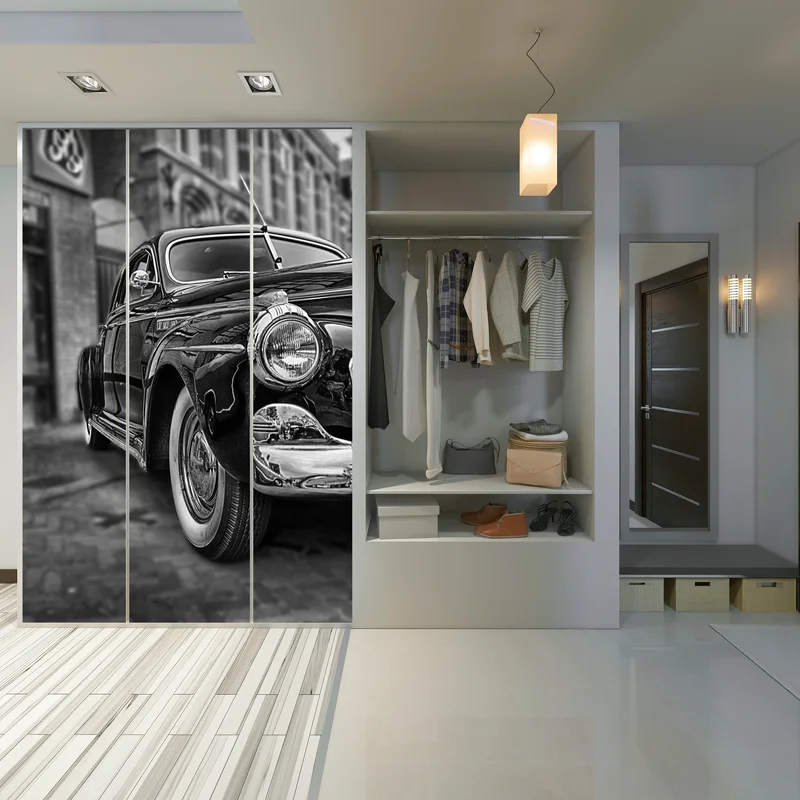 Schrankaufkleber vintage klassisches auto auf kopfsteinpflaster