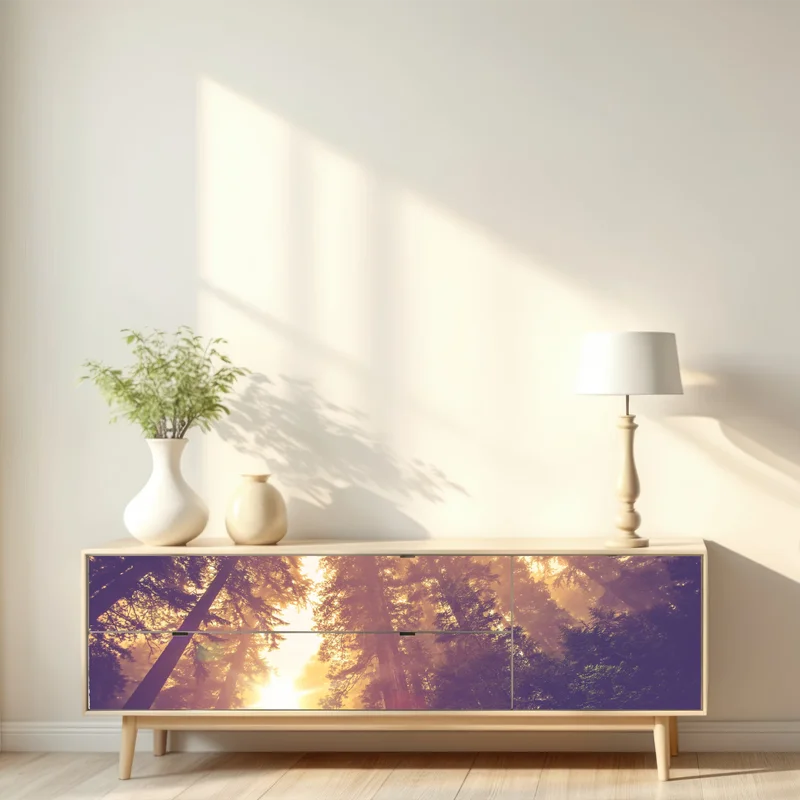 Repositionierbarer Aufkleber nebeliger mamutbaumwald im goldenen vintagelicht