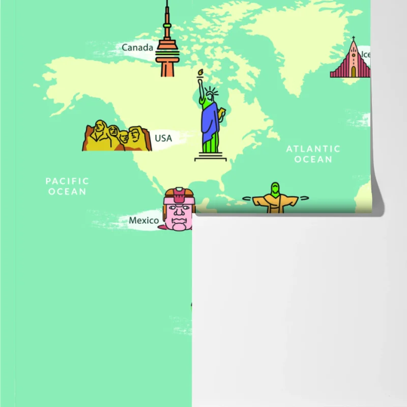 Fototapeta kolorowa ilustrowana mapa świata z zabytkami Fototapeta kolorowa ilustrowana mapa świata z zabytkami