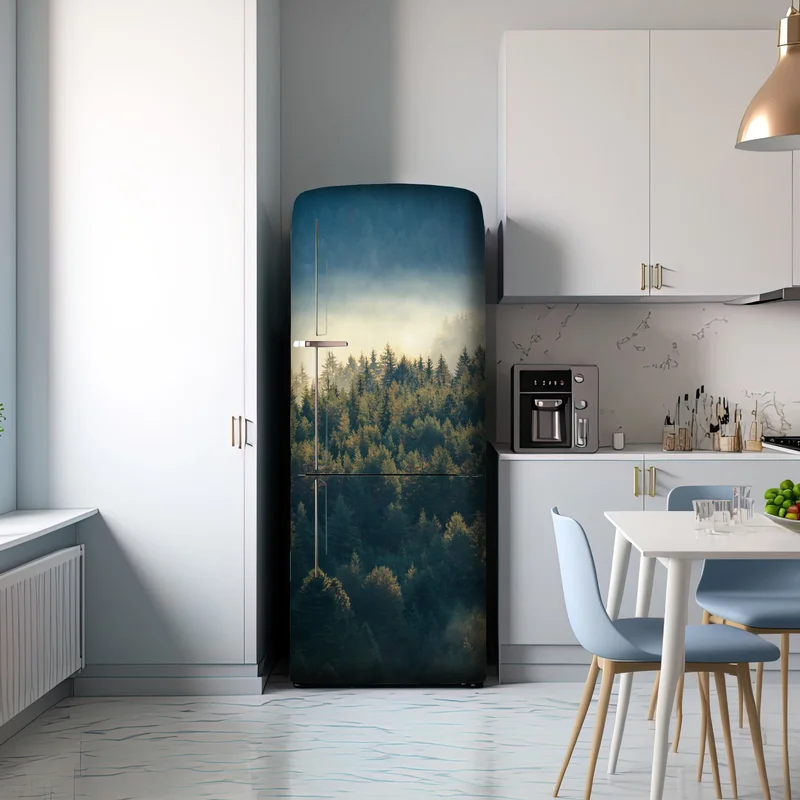 Kühlschrankaufkleber nebliger kiefernwald im morgenlicht Kühlschrankaufkleber nebliger kiefernwald im morgenlicht