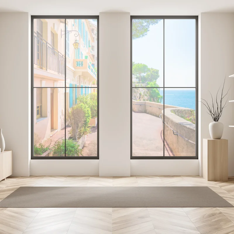 Fensteraufkleber mediterrane promenade mit pastellfarbenen häusern