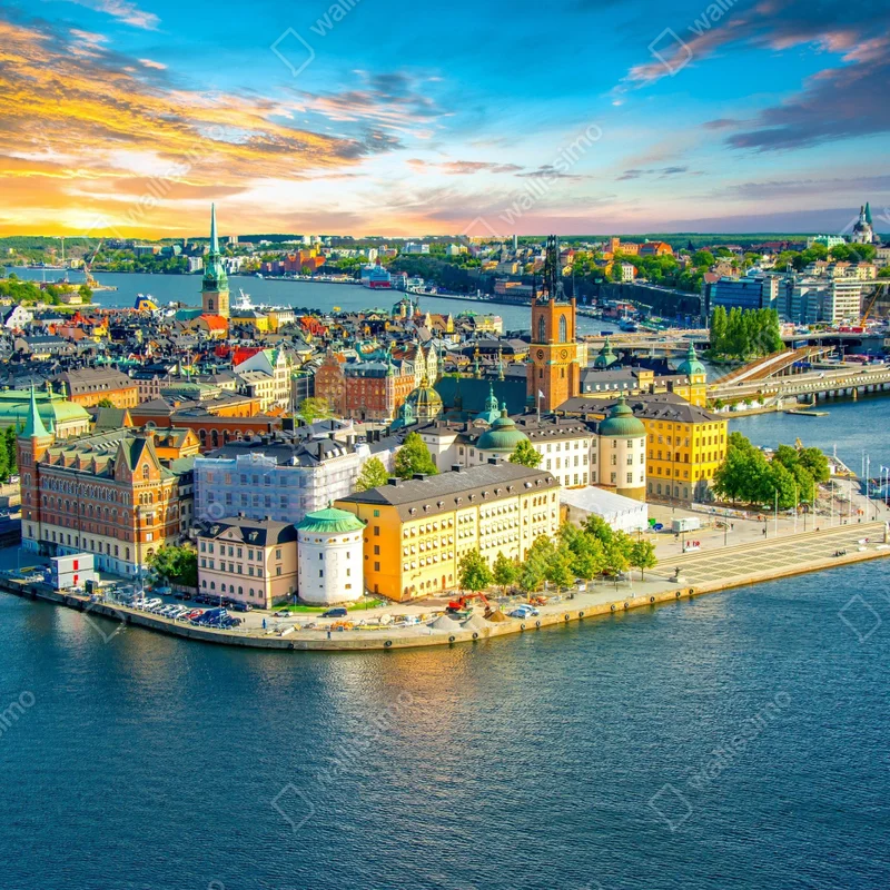 Naklejka na okno panorama Sztokholmu o zachodzie słońca Naklejka na okno panorama Sztokholmu o zachodzie słońca