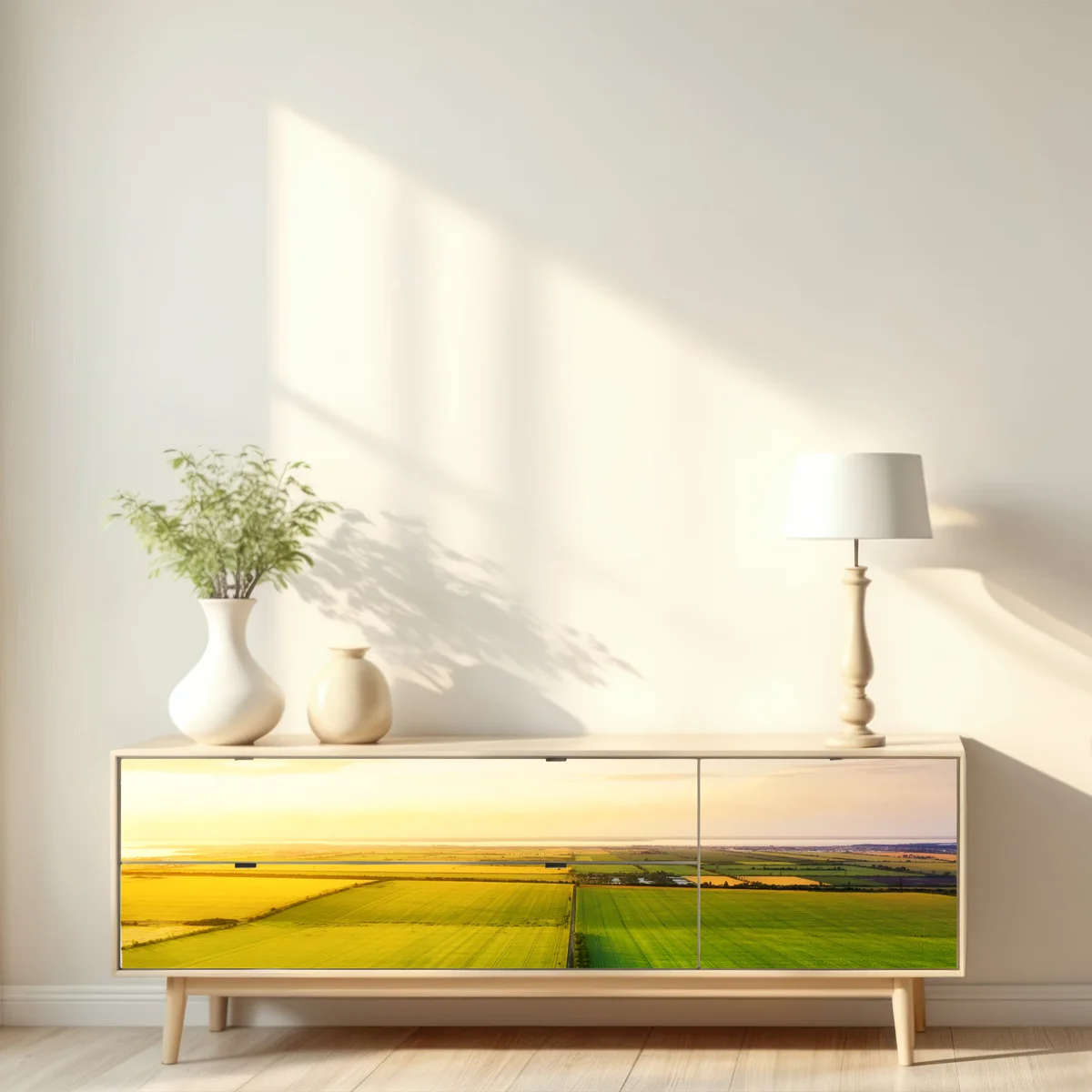 Repositionierbarer Aufkleber sonnenuntergang über grünen feldern Repositionierbarer Aufkleber sonnenuntergang über grünen feldern