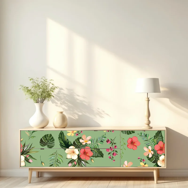 Repositionierbarer Aufkleber grünes tropisches hibiskusmuster