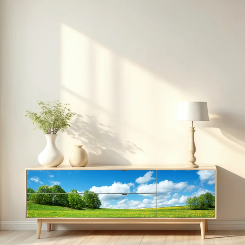 Repositionierbarer Aufkleber sonnige wiese mit löwenzahn und blauem himmel