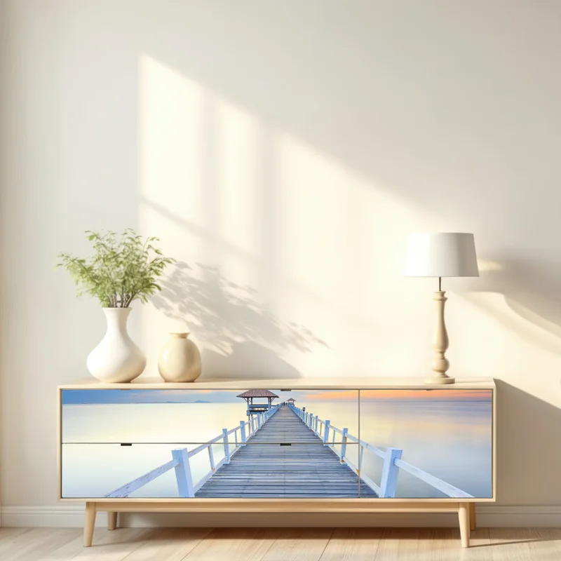 Repositionierbarer Aufkleber ruhiger hölzerner steg bei sonnenuntergang