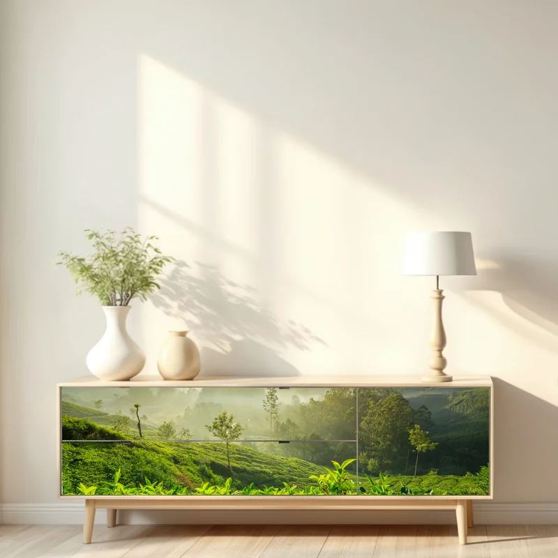 Repositionierbarer Aufkleber sonnenaufgang über den teeplantagen von Munnar