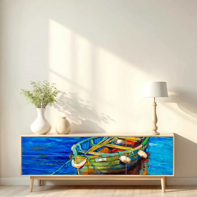 Repositionierbarer Aufkleber lebendiges boot bei sonnenuntergang