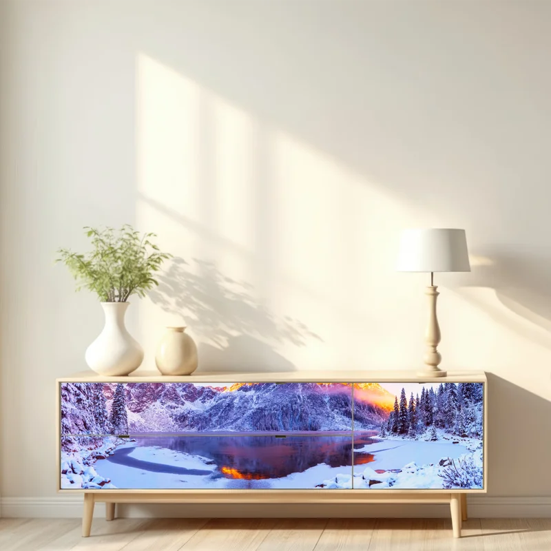 Repositionierbarer Aufkleber sonnenbeschienene berge über gefrorenem alpensee