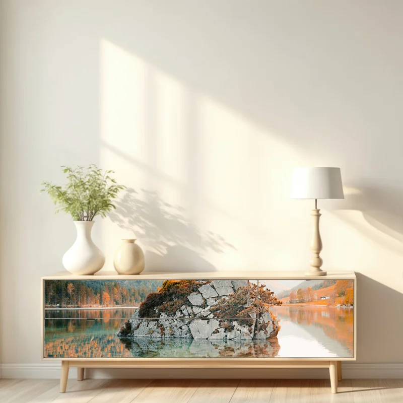 Repositionierbarer Aufkleber sonnenbeleuchtete felsinsel am Hintersee