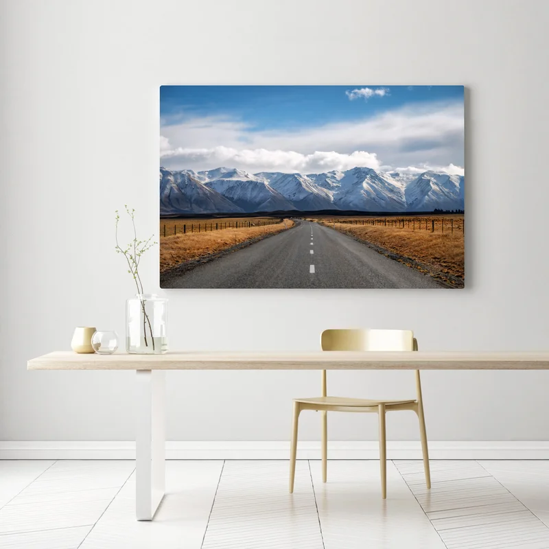 Leinwandbild straße zur schneebedeckten bergwelt, Neuseeland Leinwandbild straße zur schneebedeckten bergwelt, Neuseeland