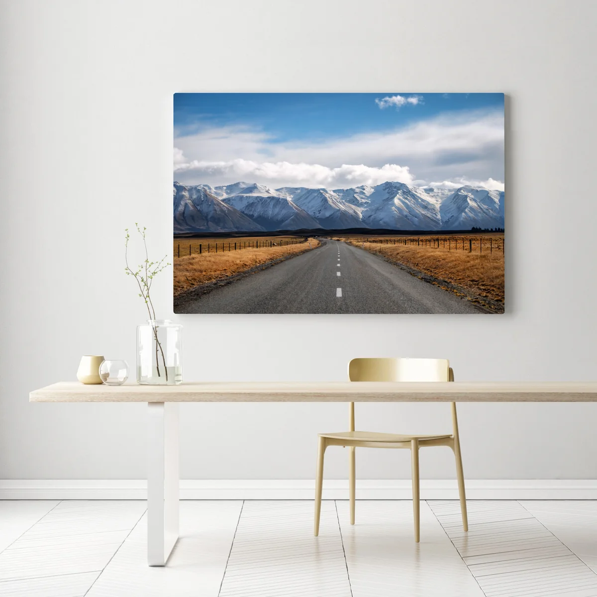 Leinwandbild straße zur schneebedeckten bergwelt, Neuseeland Leinwandbild straße zur schneebedeckten bergwelt, Neuseeland