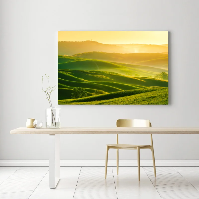 Leinwandbild goldener sonnenaufgang über sanften grünen hügeln Leinwandbild goldener sonnenaufgang über sanften grünen hügeln