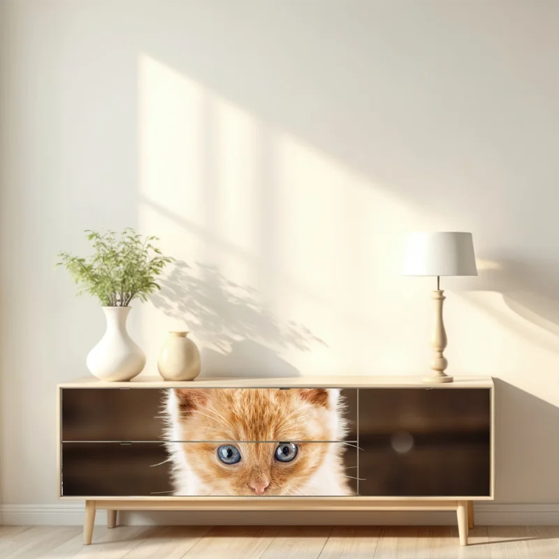 Repositionierbarer Aufkleber rötliches kätzchen in einer teetasse