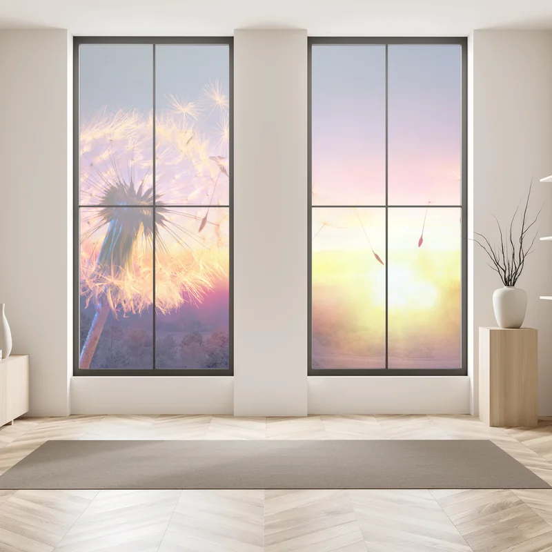 Fensteraufkleber goldener löwenzahn bei sonnenuntergang