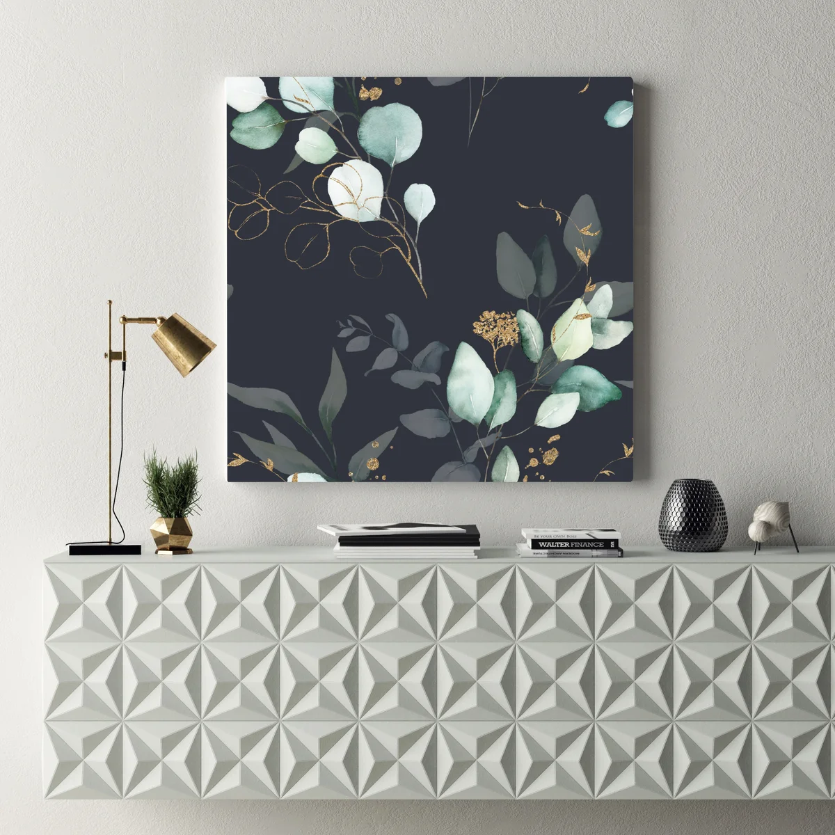 Leinwandbild eukalyptus aquarellblätter auf dunklem hintergrund Leinwandbild eukalyptus aquarellblätter auf dunklem hintergrund