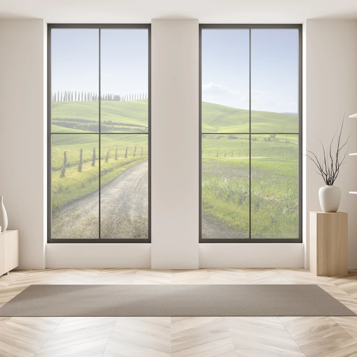 Naklejka na okno wiejska droga w Toskanii przez zielone wzgórza Naklejka na okno wiejska droga w Toskanii przez zielone wzgórza