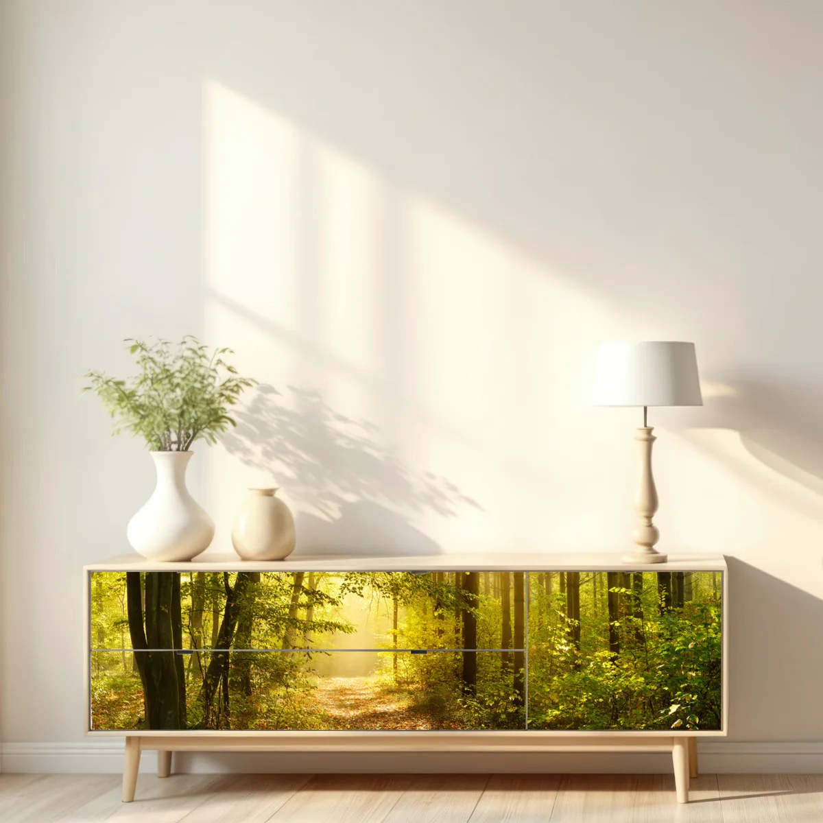 Repositionierbarer Aufkleber sonnenbeschienener waldweg im herbst Repositionierbarer Aufkleber sonnenbeschienener waldweg im herbst