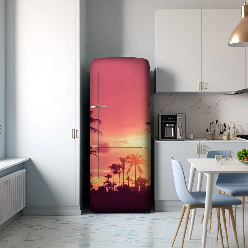 Kühlschrankaufkleber rosa tropischer sonnenuntergang mit palmen Kühlschrankaufkleber rosa tropischer sonnenuntergang mit palmen