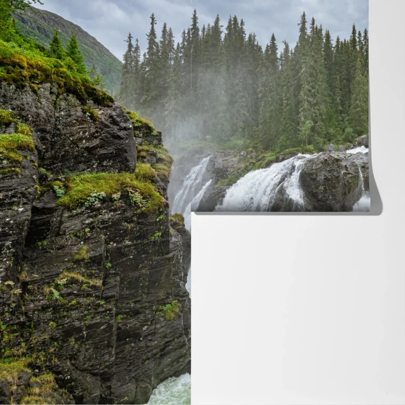 Fototapete nebliger wasserfall im dichten kiefernwald Fototapete nebliger wasserfall im dichten kiefernwald