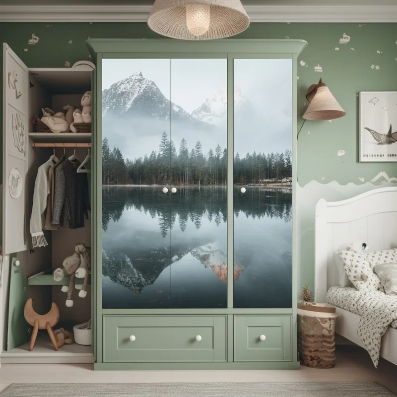 Schrankaufkleber neblige alpine spiegelung am ruhigen see