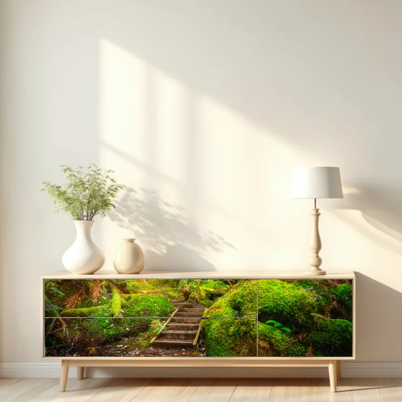 Repositionierbarer Aufkleber moosiger regenwaldpfad auf der Tasman-Halbinsel Repositionierbarer Aufkleber moosiger regenwaldpfad auf der Tasman-Halbinsel