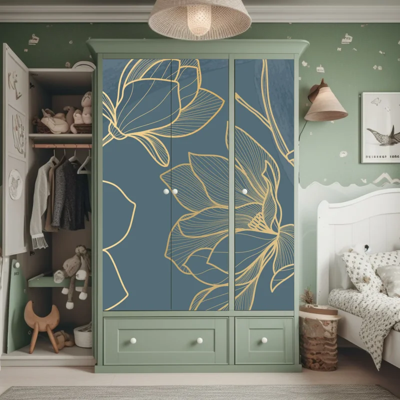 Schrankaufkleber goldene magnolie auf türkisfarbenem hintergrund