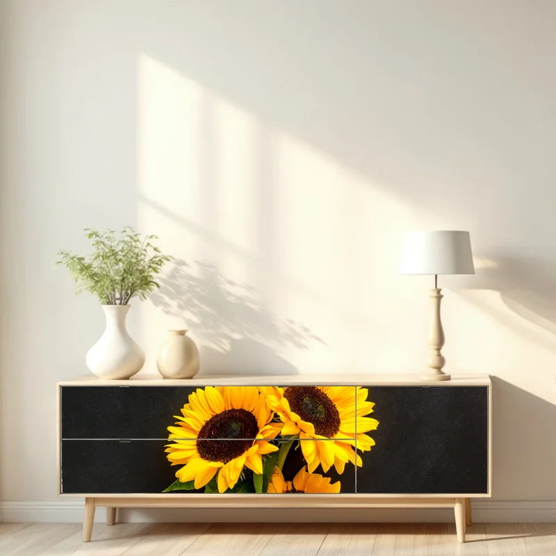 Repositionierbarer Aufkleber leuchtende sonnenblumen auf schwarzem hintergrund Repositionierbarer Aufkleber leuchtende sonnenblumen auf schwarzem hintergrund