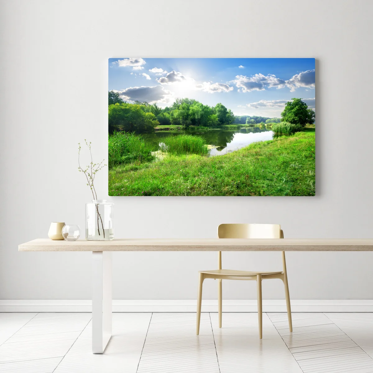 Leinwandbild sonnige wiese am fluss Leinwandbild sonnige wiese am fluss