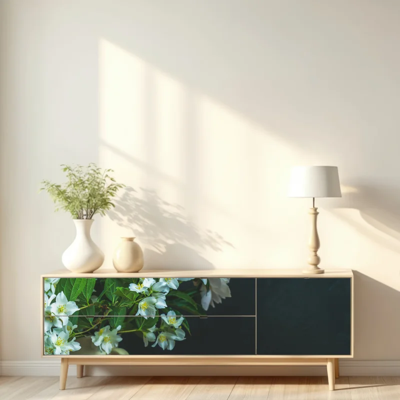 Repositionierbarer Aufkleber schokoladenrolle mit erdbeeren und weißen blüten Repositionierbarer Aufkleber schokoladenrolle mit erdbeeren und weißen blüten