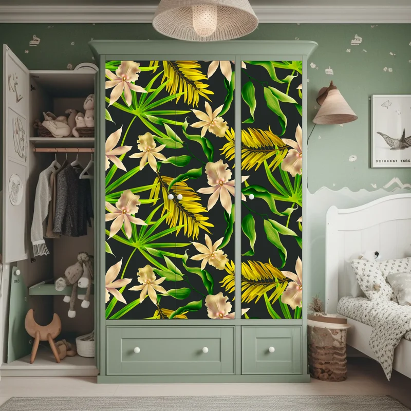 Schrankaufkleber tropisches orchideenmuster auf dunklem hintergrund