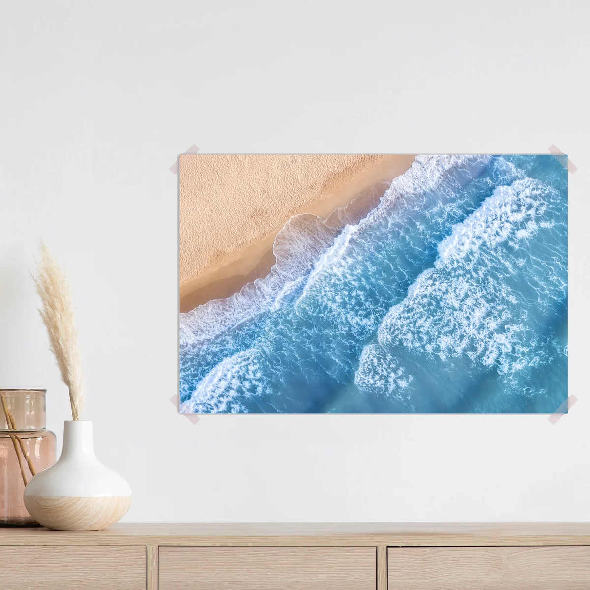 Poster luftaufnahme türkiser wellen an sandigem strand Poster luftaufnahme türkiser wellen an sandigem strand