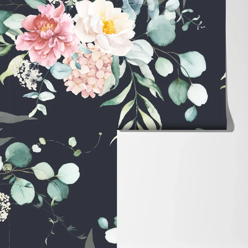 Fototapete elegantes aquarell-blumenmuster auf dunklem hintergrund Fototapete elegantes aquarell-blumenmuster auf dunklem hintergrund