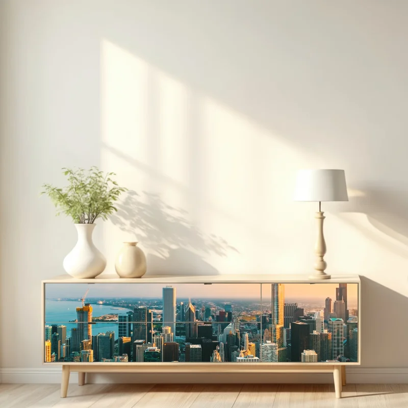 Repositionierbarer Aufkleber Chicago skyline bei sonnenuntergang