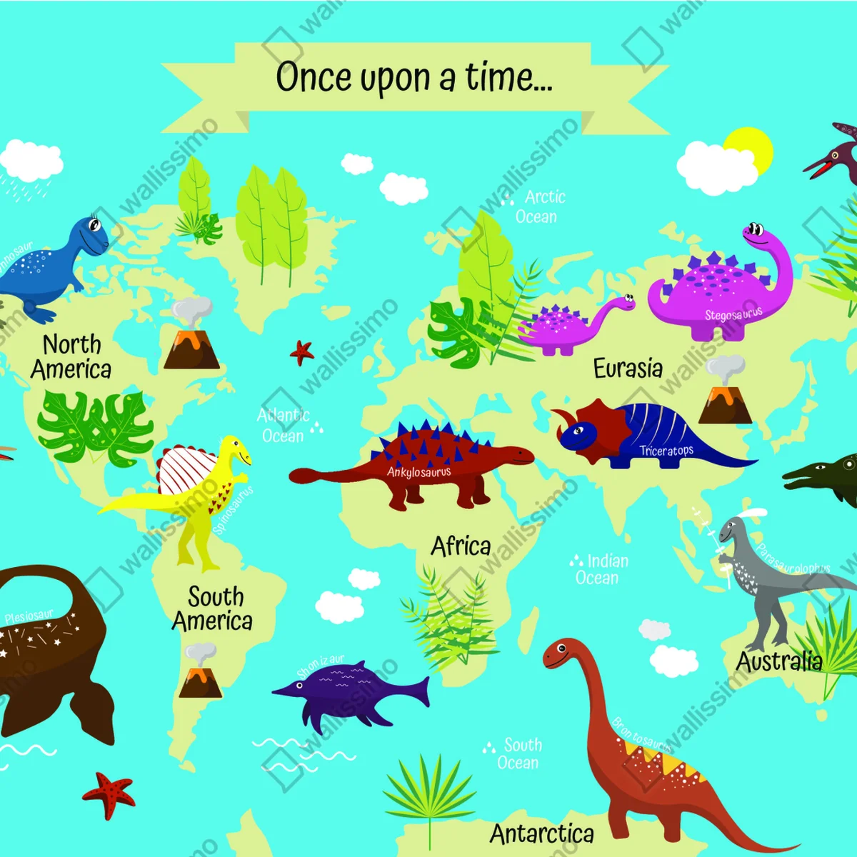 Fototapete bunte weltkarte mit dinosauriern Fototapete bunte weltkarte mit dinosauriern