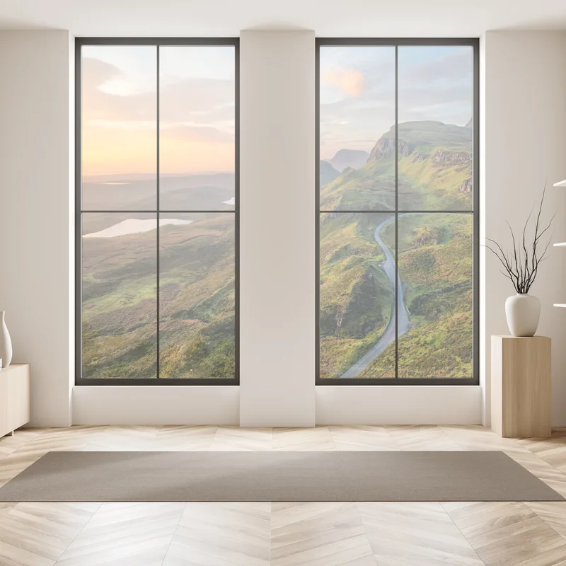 Fensteraufkleber sonnenuntergang über grünen hügeln