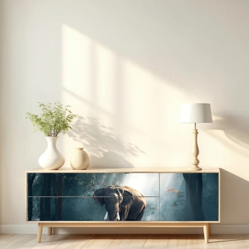 Repositionierbarer Aufkleber majestätischer elefant im sonnenlichtdurchfluteten wald