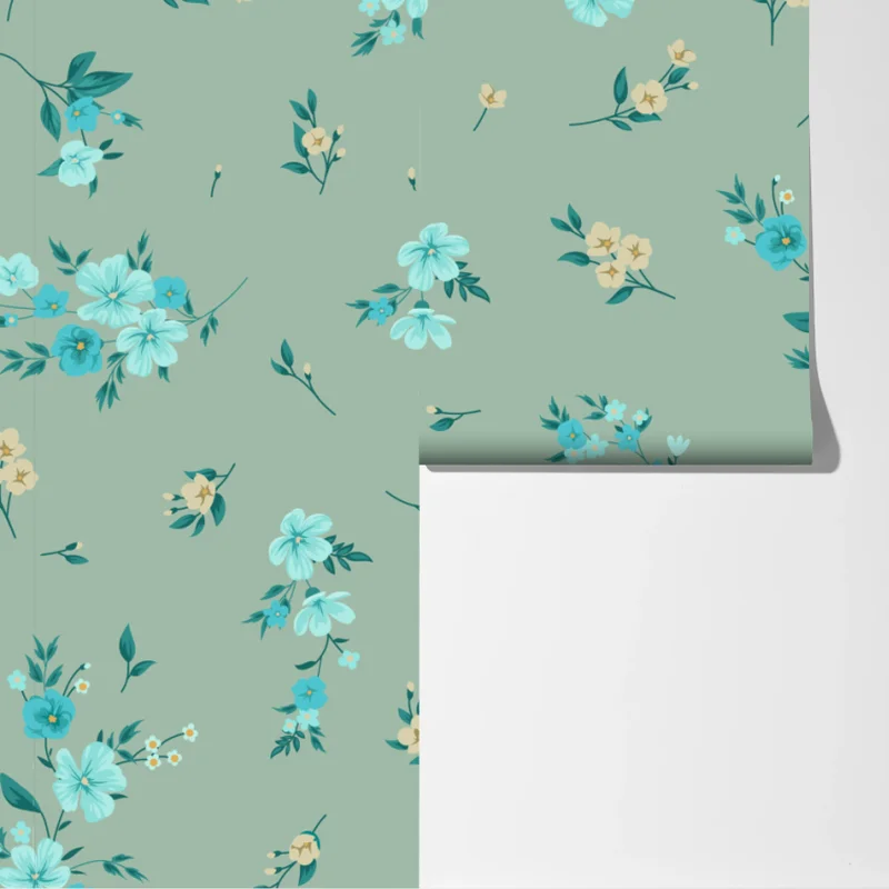 Fototapete pastell türkis blumenmuster auf salbeigrünem hintergrund Fototapete pastell türkis blumenmuster auf salbeigrünem hintergrund