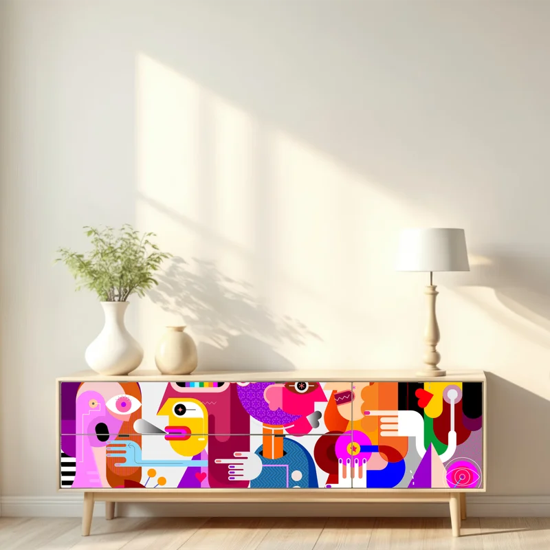 Repositionierbarer Aufkleber mann mit regenbogen reitet geometrischen vogel Repositionierbarer Aufkleber mann mit regenbogen reitet geometrischen vogel