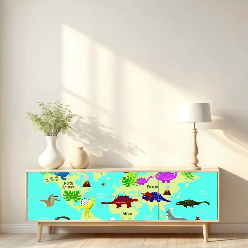 Repositionierbarer Aufkleber bunte weltkarte mit dinosauriern