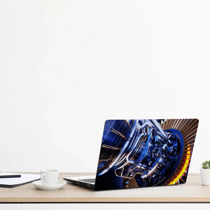 Laptop-Aufkleber nahaufnahme einer turbinenanlage in blau und orange Laptop-Aufkleber nahaufnahme einer turbinenanlage in blau und orange