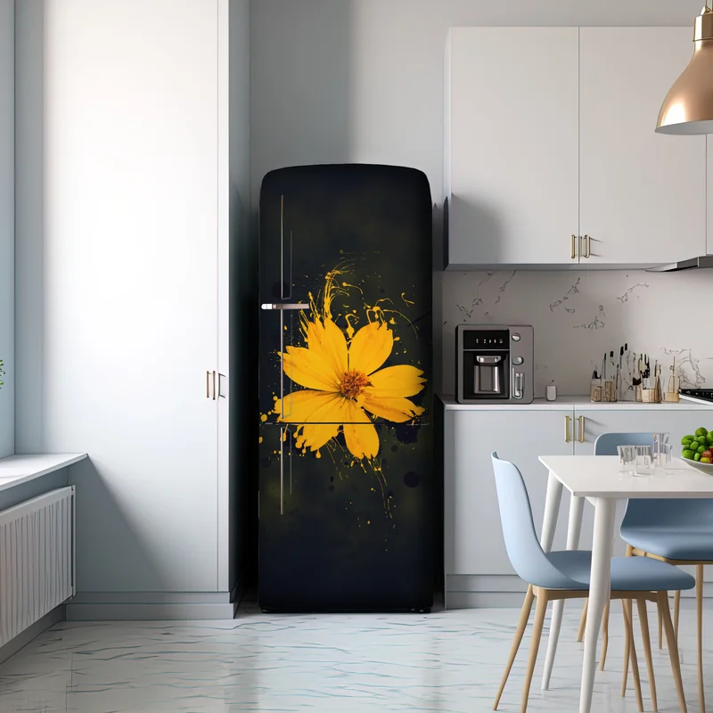 Kühlschrankaufkleber leuchtende gelbe blüte auf dunklem hintergrund