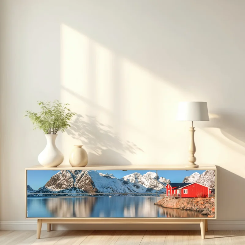 Repositionierbarer Aufkleber ruhiger winterlicher fjord in Reine, Lofoten