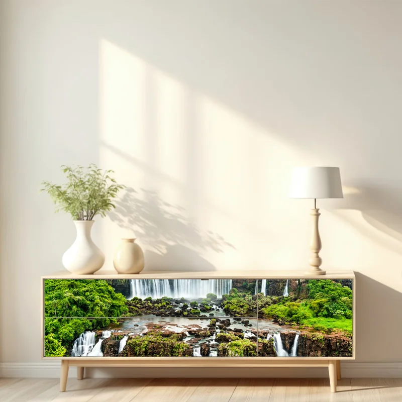 Repositionierbarer Aufkleber panorama des üppigen grünen wasserfalls