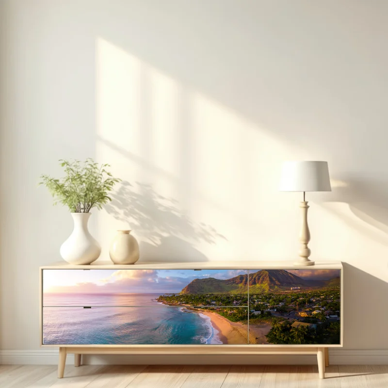 Repositionierbarer Aufkleber sonnenuntergang am strand panorama mit tropischen bergen