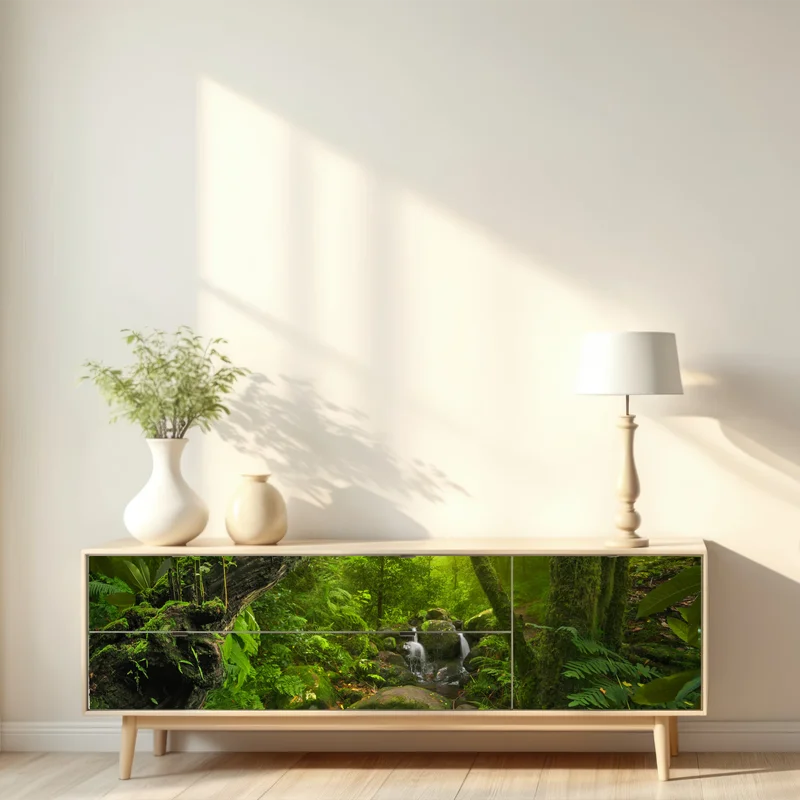 Repositionierbarer Aufkleber üppiger grüner wald mit bach