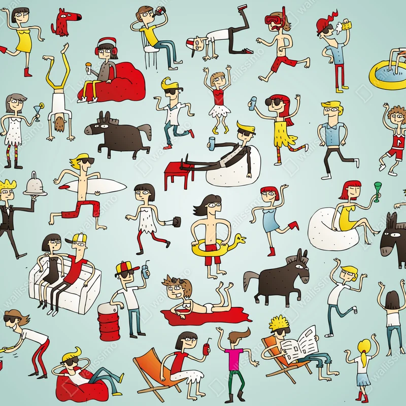 Repositionierbarer Aufkleber verspielte cartoonszene auf türkisem hintergrund Repositionierbarer Aufkleber verspielte cartoonszene auf türkisem hintergrund