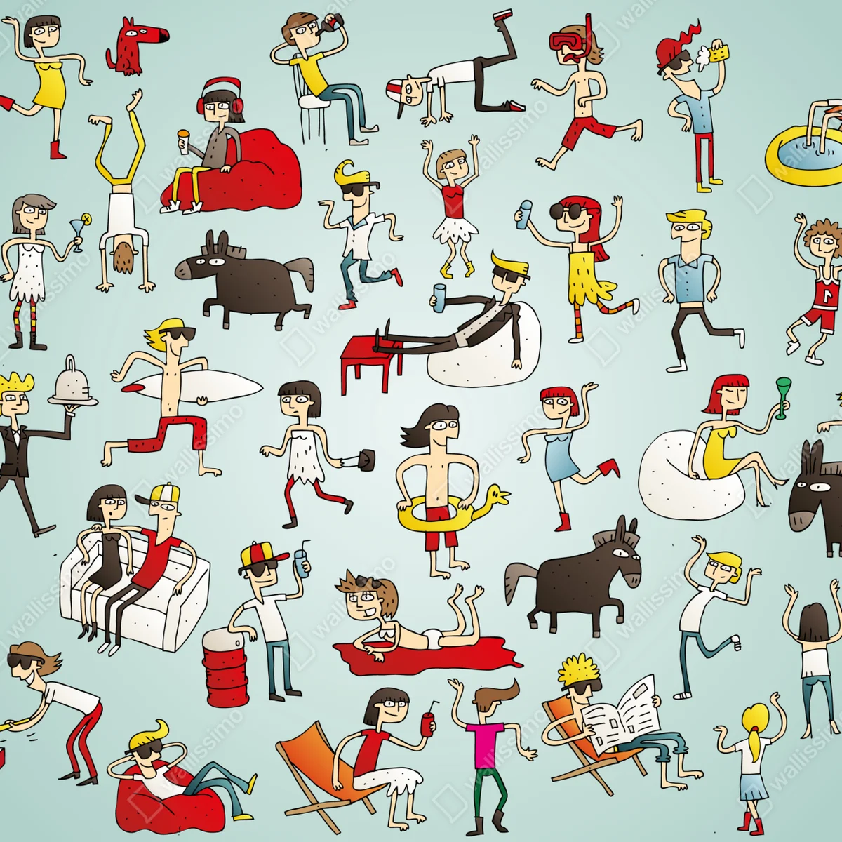 Repositionierbarer Aufkleber verspielte cartoonszene auf türkisem hintergrund Repositionierbarer Aufkleber verspielte cartoonszene auf türkisem hintergrund